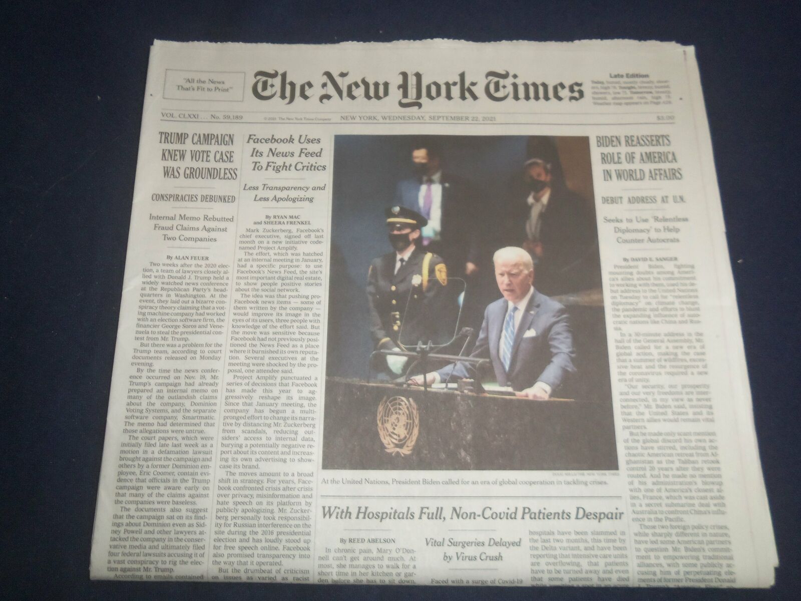 2021 SEP 22 NEW YORK TIMES - BIDEN REASSERTS ROLE OF AMERICA IN WORLD AFFAIRS