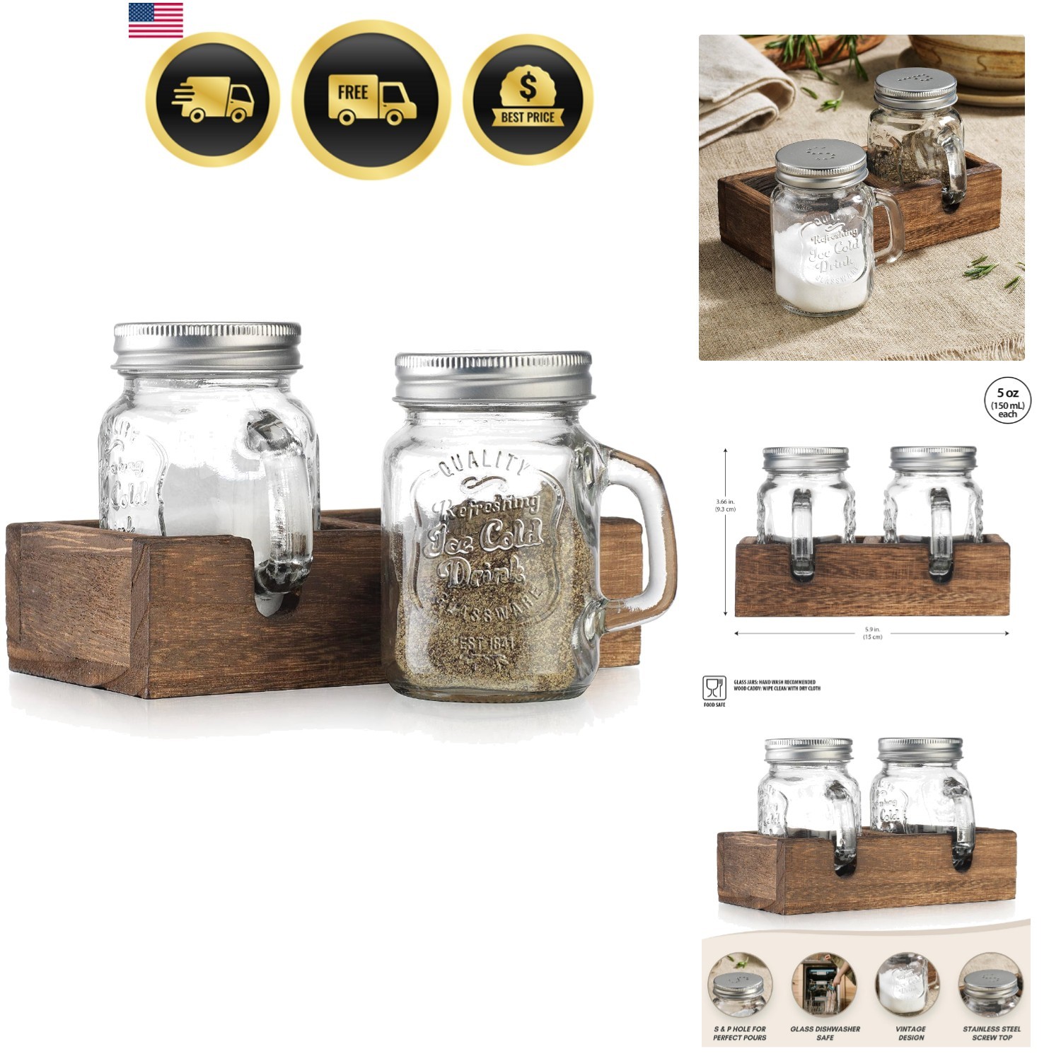 Mason Jar Salt and Pepper Shakers - Vintage Glass Condiment Dispenser Set wit... Mason Jar Salt and Pepper Shakers - Vintage Glass Condiment Dispenser Set wit...