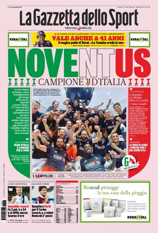 GAZZETTA DELLO SPORT 27/07/2020 JUVENTUS CHAMPION OF ITALY SCUDETTO N°38 JUVE 9