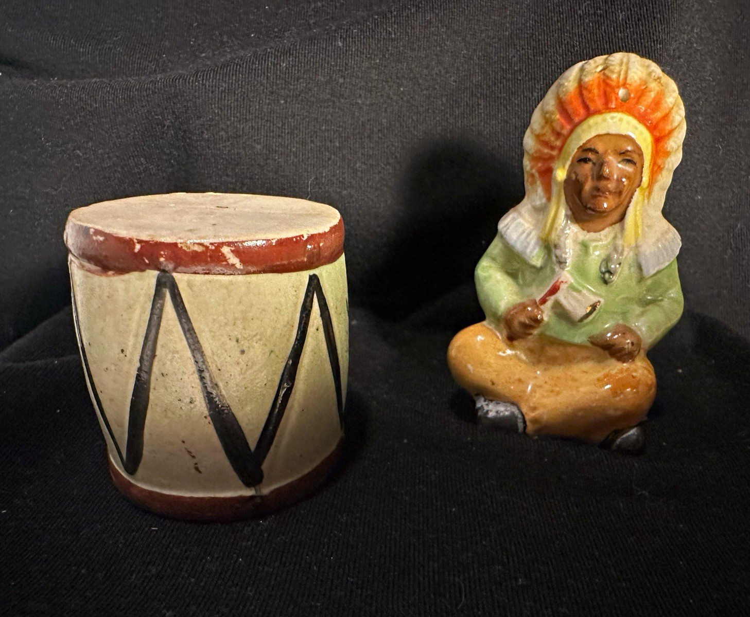 Vintage Japan Native American Drummer & Drum Salt Pepper Shakers Ceramic