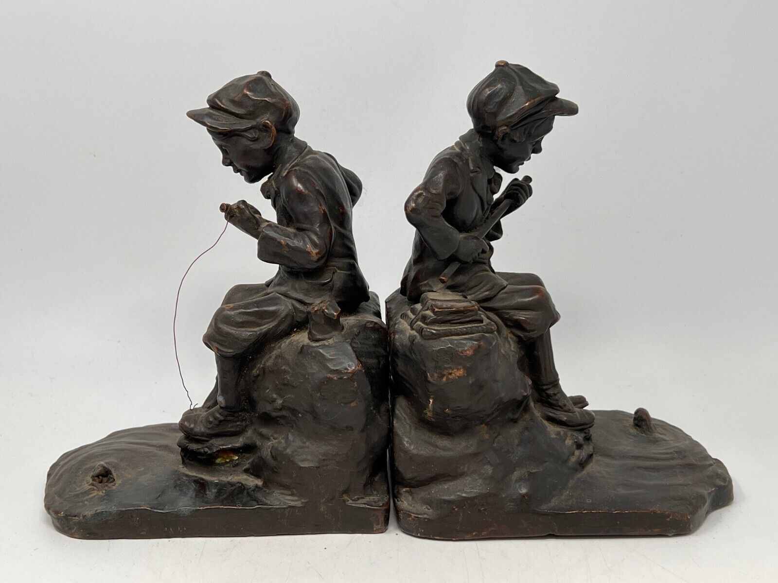 Early 1900s - Art Bronz Bookends of Boys Fishing - KBW Kathodian Bronze Foundry