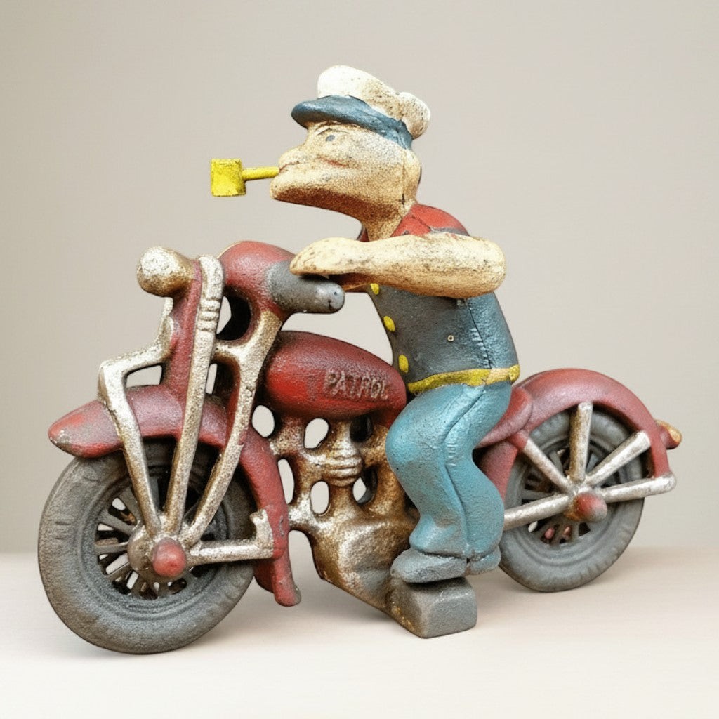 Popeye the Sailor Man Patrol Motorcycle Cast Iron Figurine
