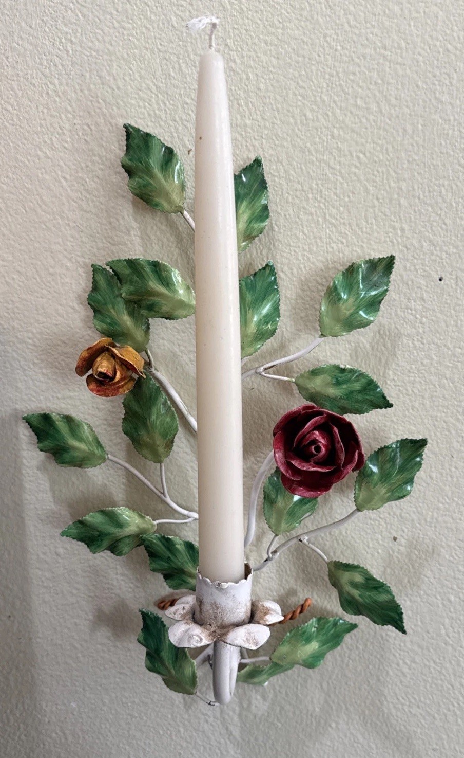 Vintage Italian Toleware Candle Wall Sconce 14”x8” Hand Painted Floral Bouquet Vintage Italian Toleware Candle Wall Sconce 14”x8” Hand Painted Floral Bouquet