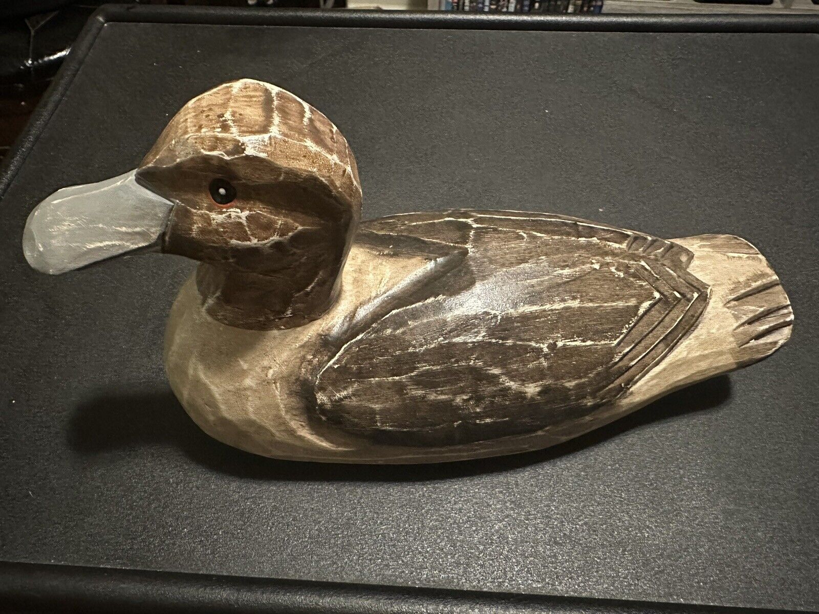 Vintage Hand Carved Wood Folk Art Duck Beige & Brown W/ Gray Grey Bill