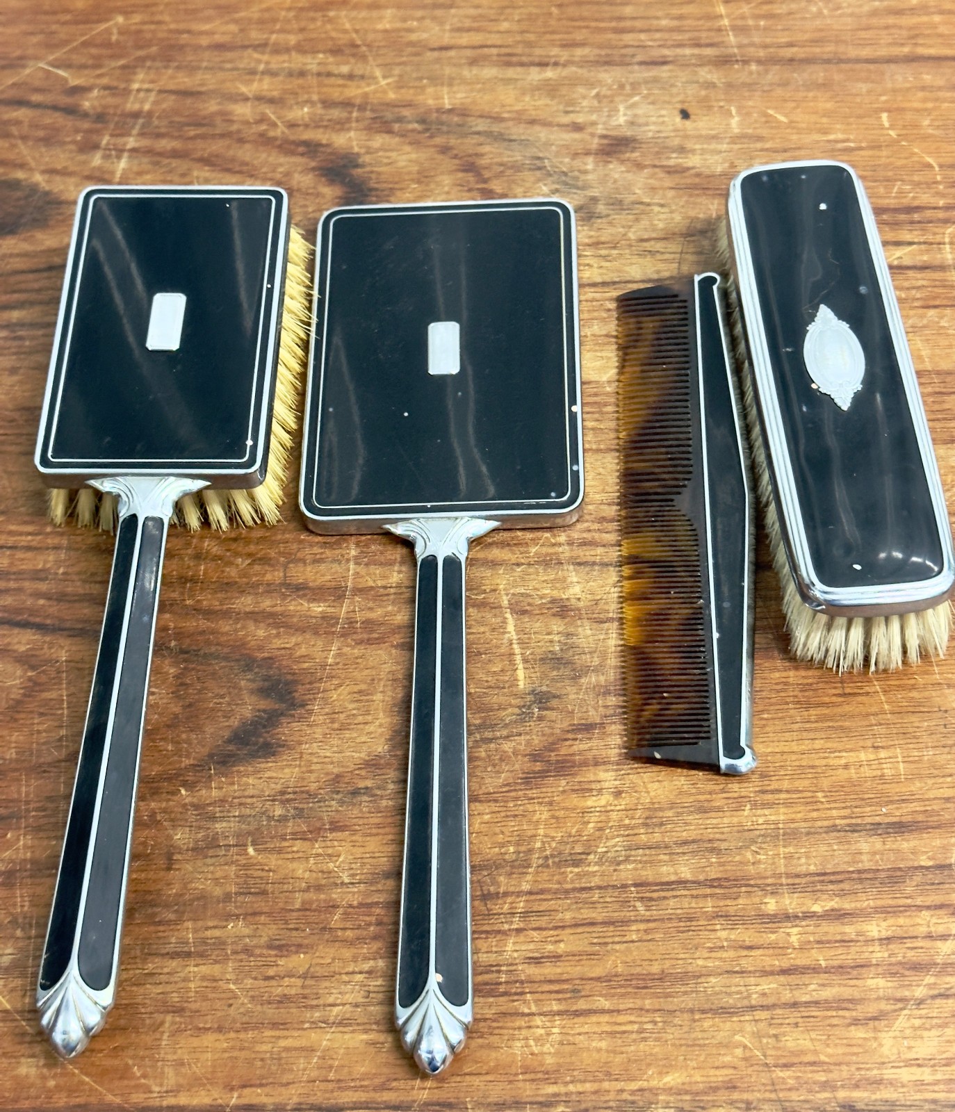 Vintage 1930s Art Deco Black Silver Vanity Set Brush Mirror Comb