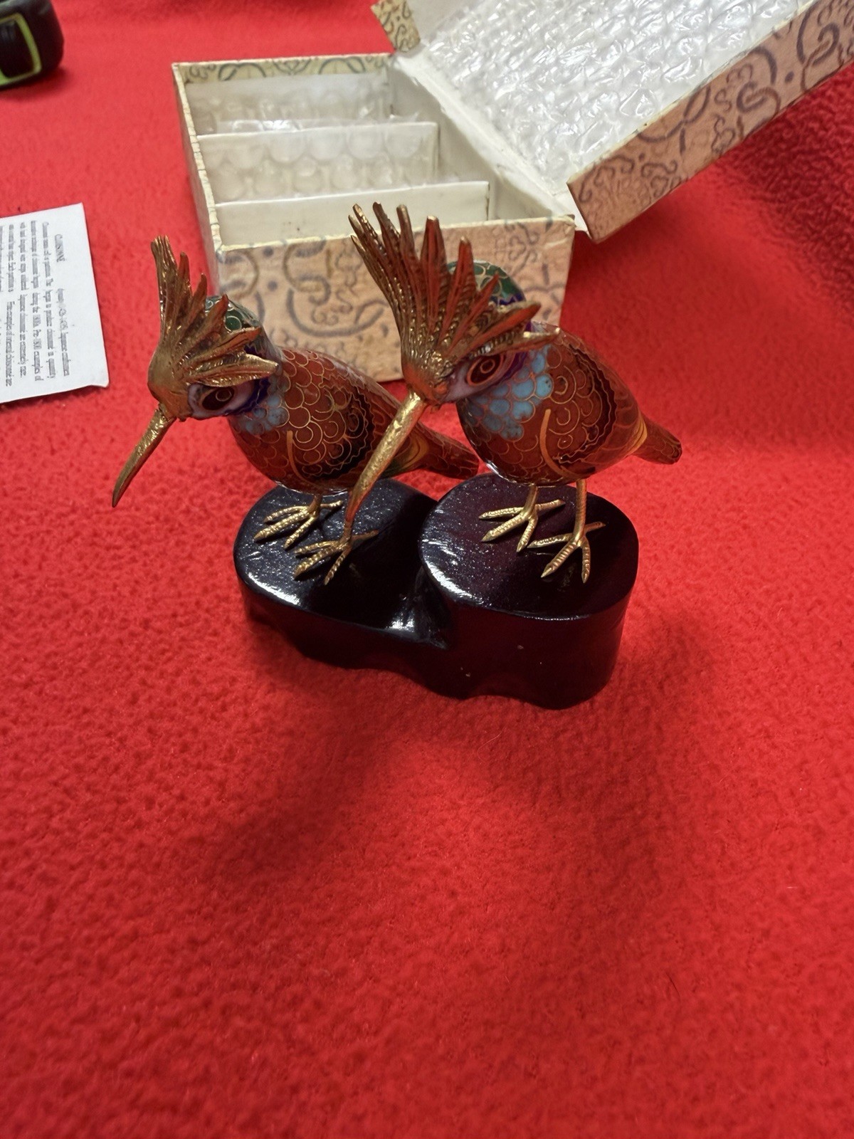 TWO Vintage LONG BEAKED HEAD CREST BIRDS Cloisonné FIGURINES Original Box