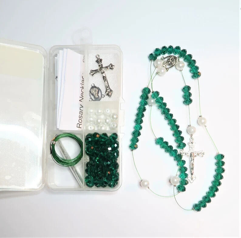 Rosary Making Kit Rosary Bead Crystal Glass First Communion Baptism Gift GREEN