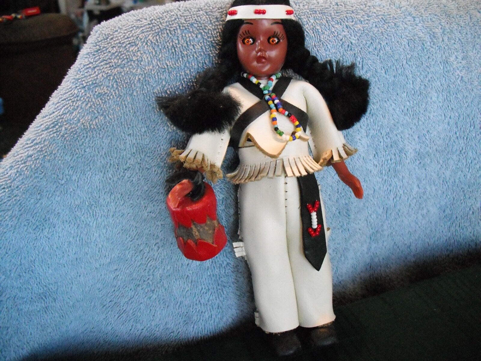 Vtg Native American Indian Doll Drum Eyes Open & Close