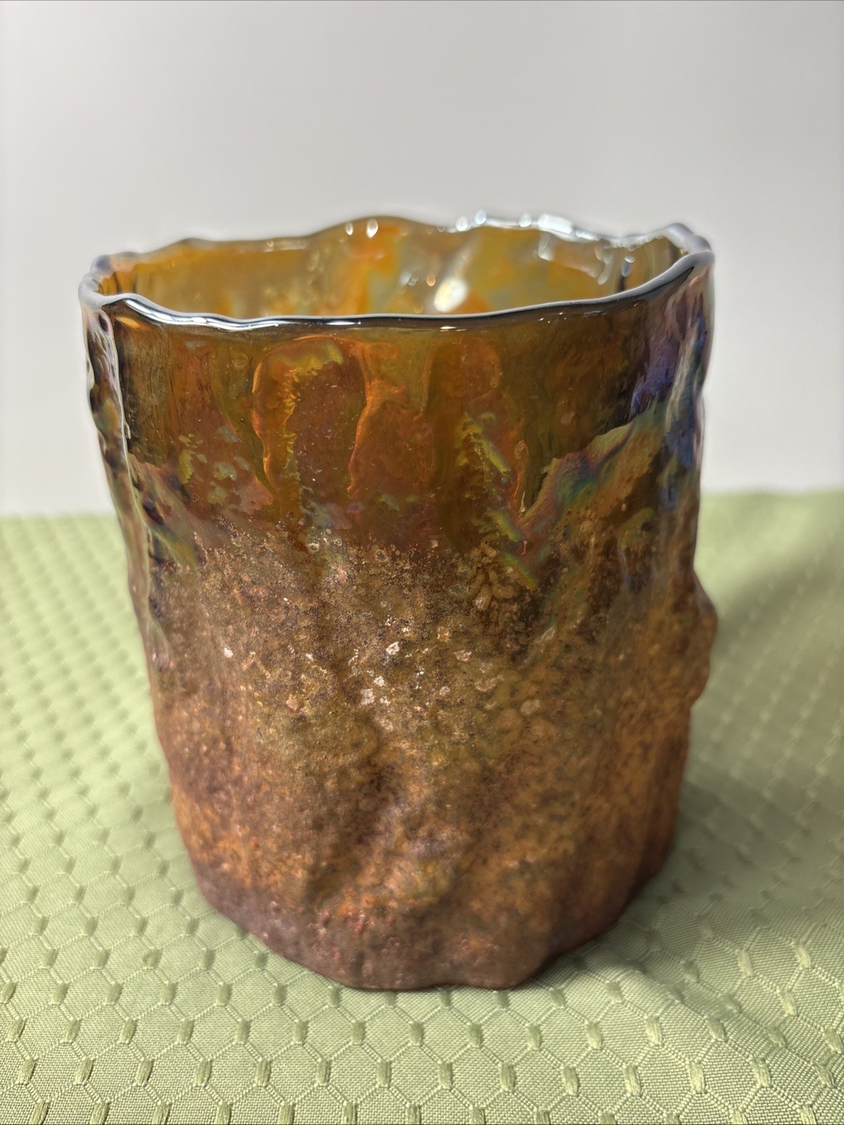 Textured Amber Glass Vase w Bark Design. Heavy. EUC.  5” x 5”