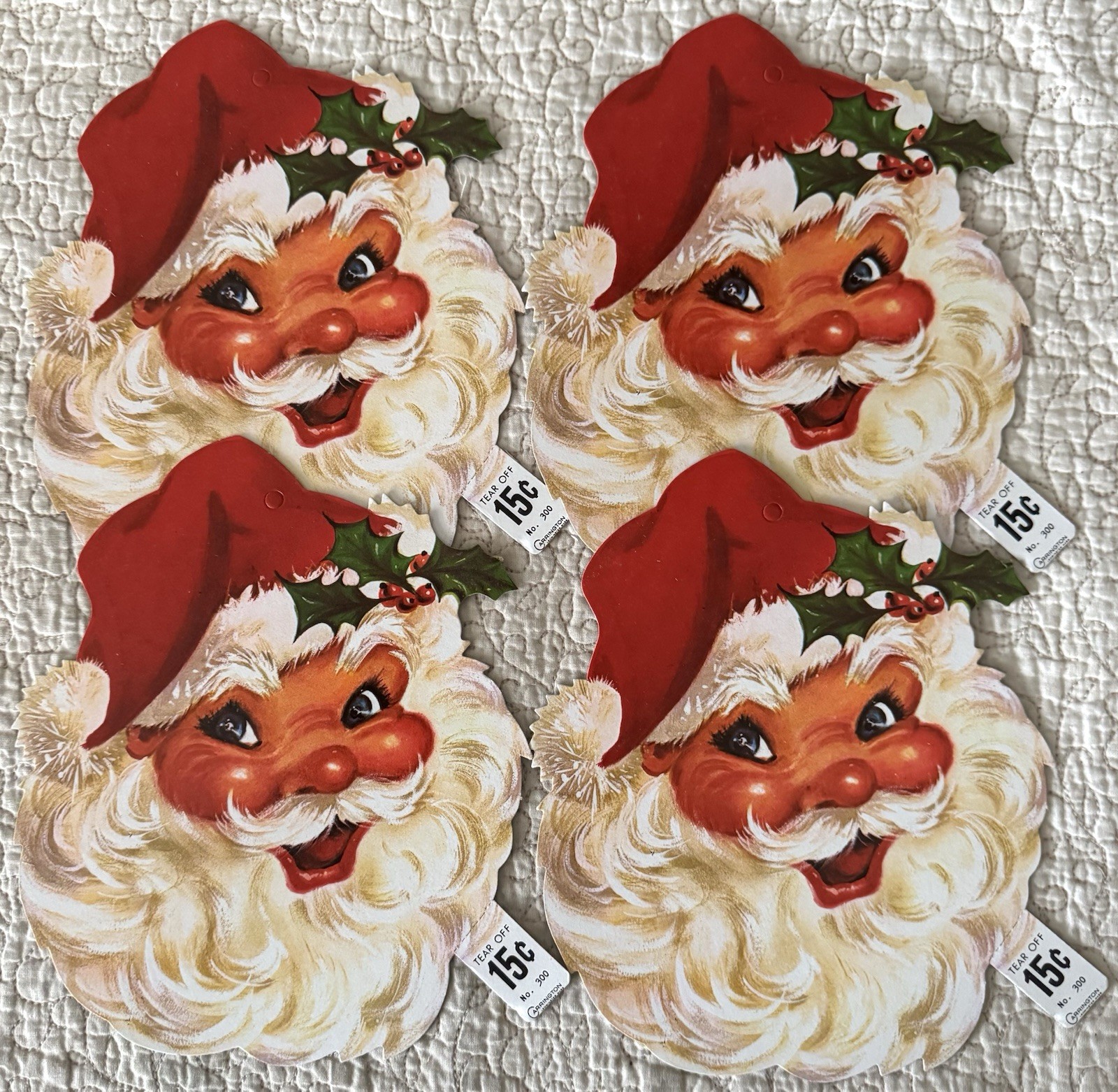 Lot 4 Unused Christmas Santa Face Cardboard Die Cut Cutout NOS Vtg 1950s 1960s