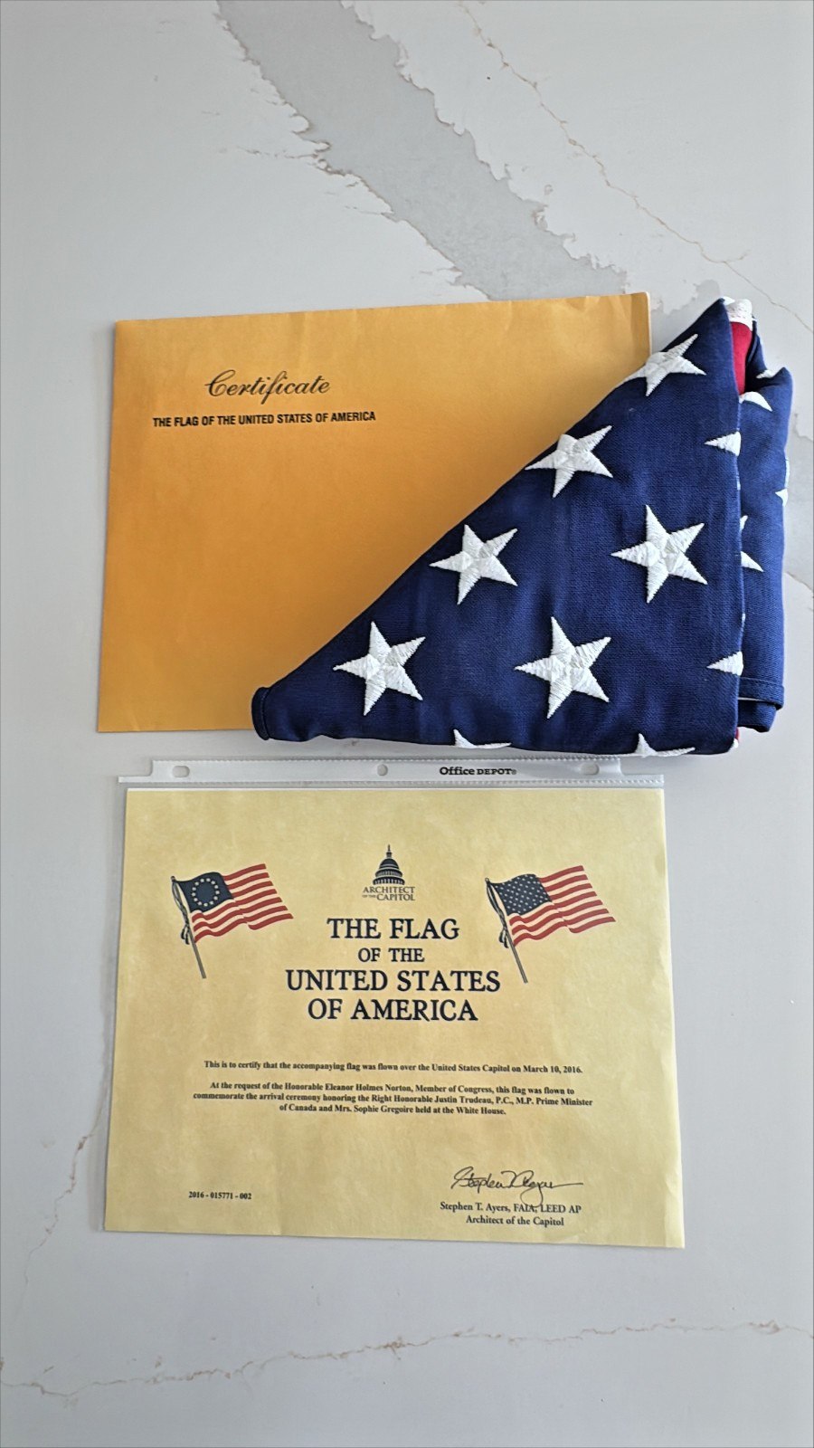 US Flag Flown Over Capitol 2016 Justin Trudeau Visit COA Gerald Gurian Estate