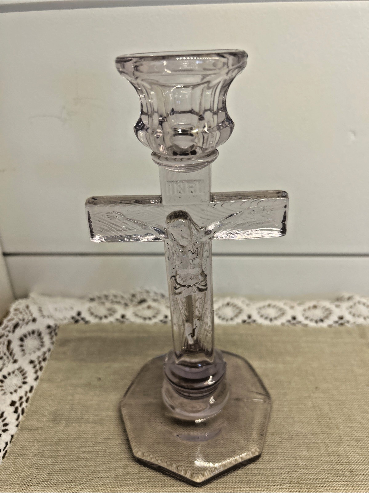 Vintage Pressed Glass Crucifix Candlestick Holder Clear Faint Lavender Pink Hue
