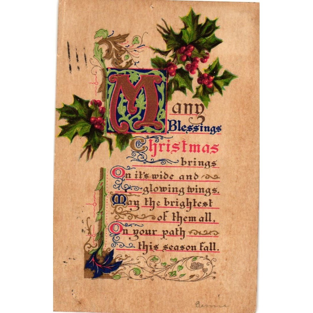 Antique 1909 Christmas Postcard Embossed Holly Berries Chicago Postmark 1c Stamp