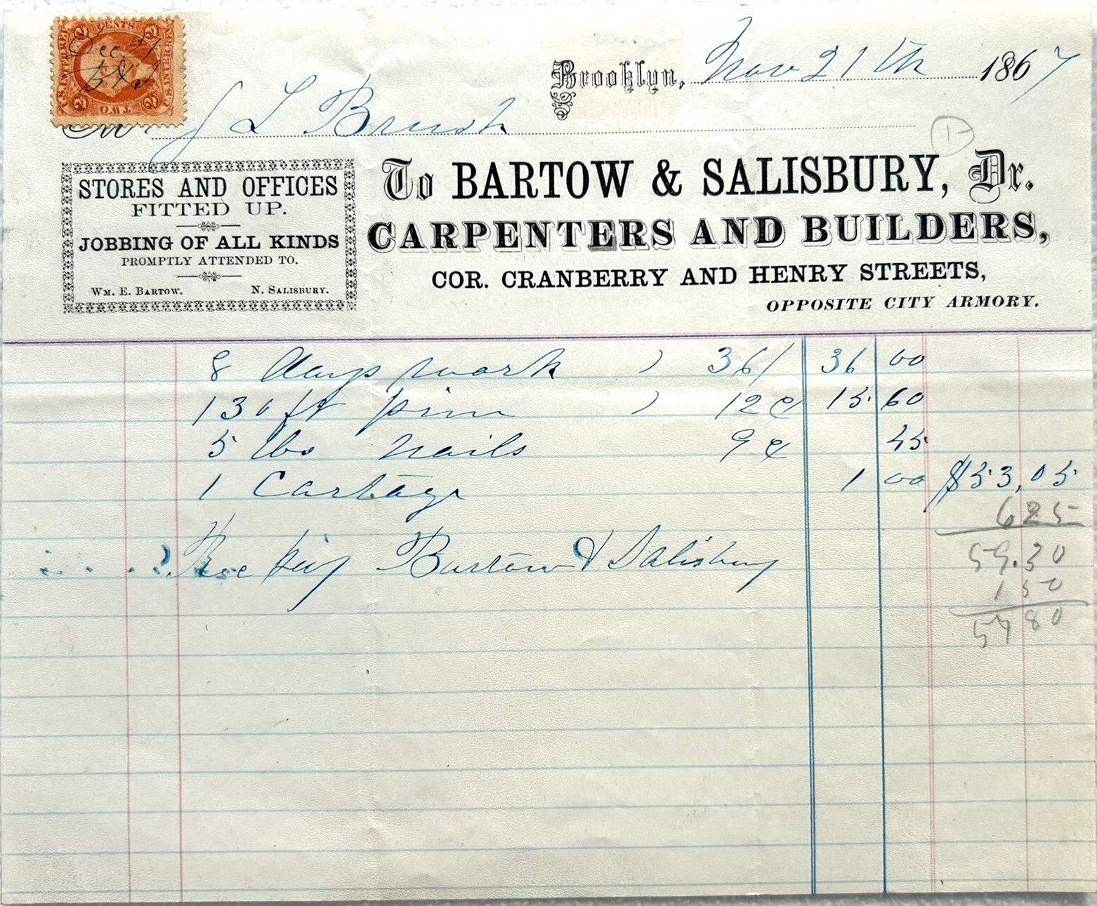Antique 1867 Receipt to Bartow & Salisbury Carpenters - Cranberry & Henry St. NY
