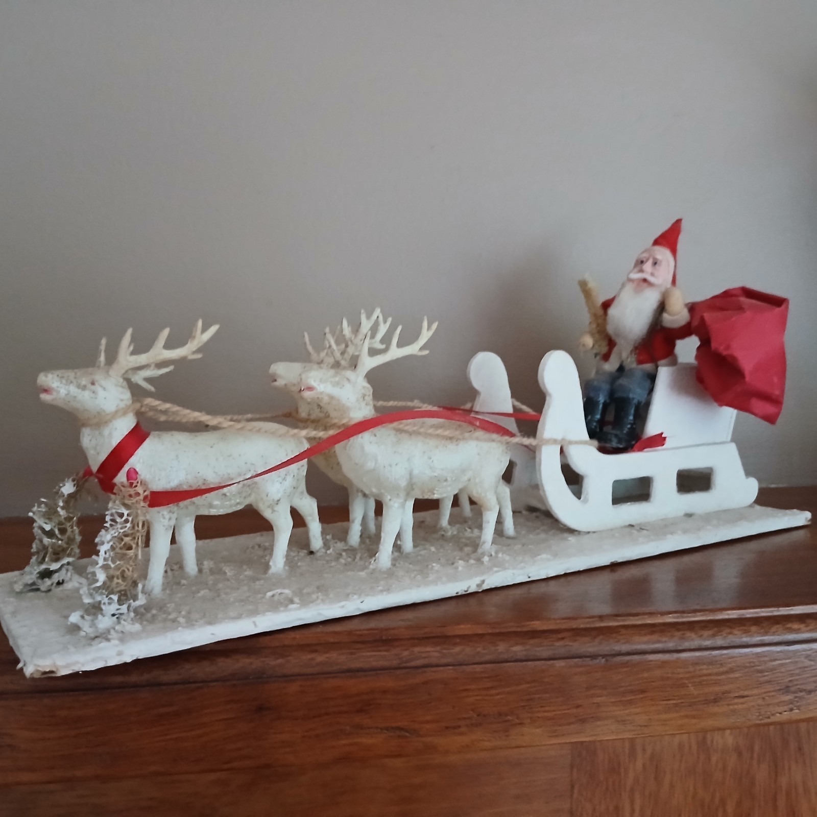 Vtg Santa Sleigh Reindeer Clay Face Brush Trees Spun Cotton Celluloid Japan 12 \