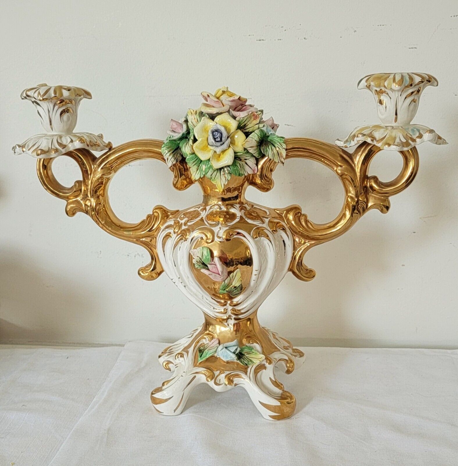 Italian Handcrafted Floral Ornat Gold Centerpiece Candle Holder Italy Vintage 