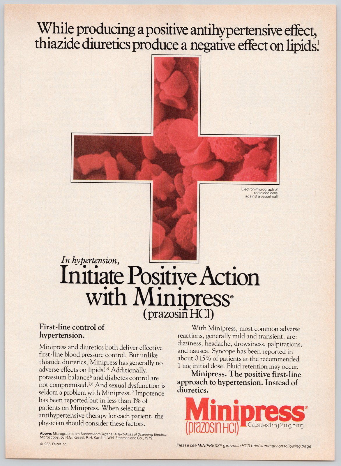 Minipress Pfizer Hypertension Diuretics Blood Cells Medicine 1986 Print Ad