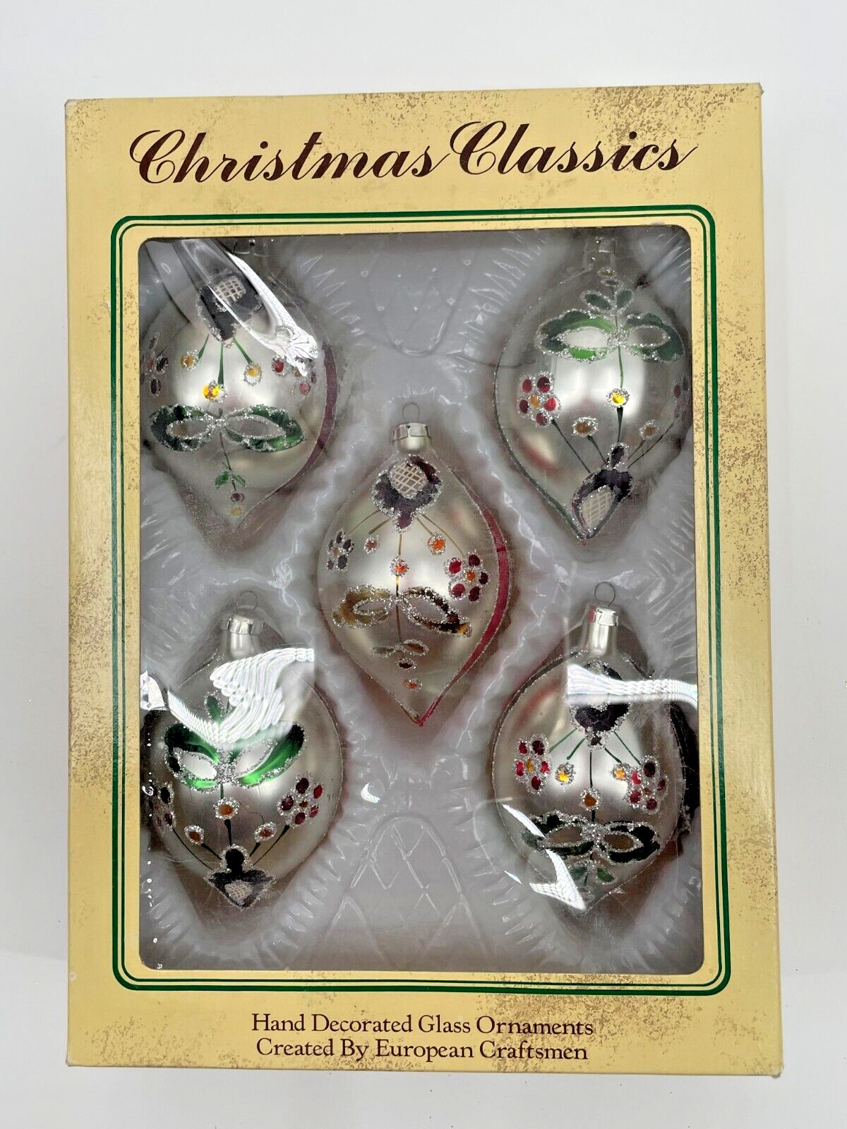 Commodore Christmas Classics Multicolor Floral Teardrop Glass Ornaments Set Of 5