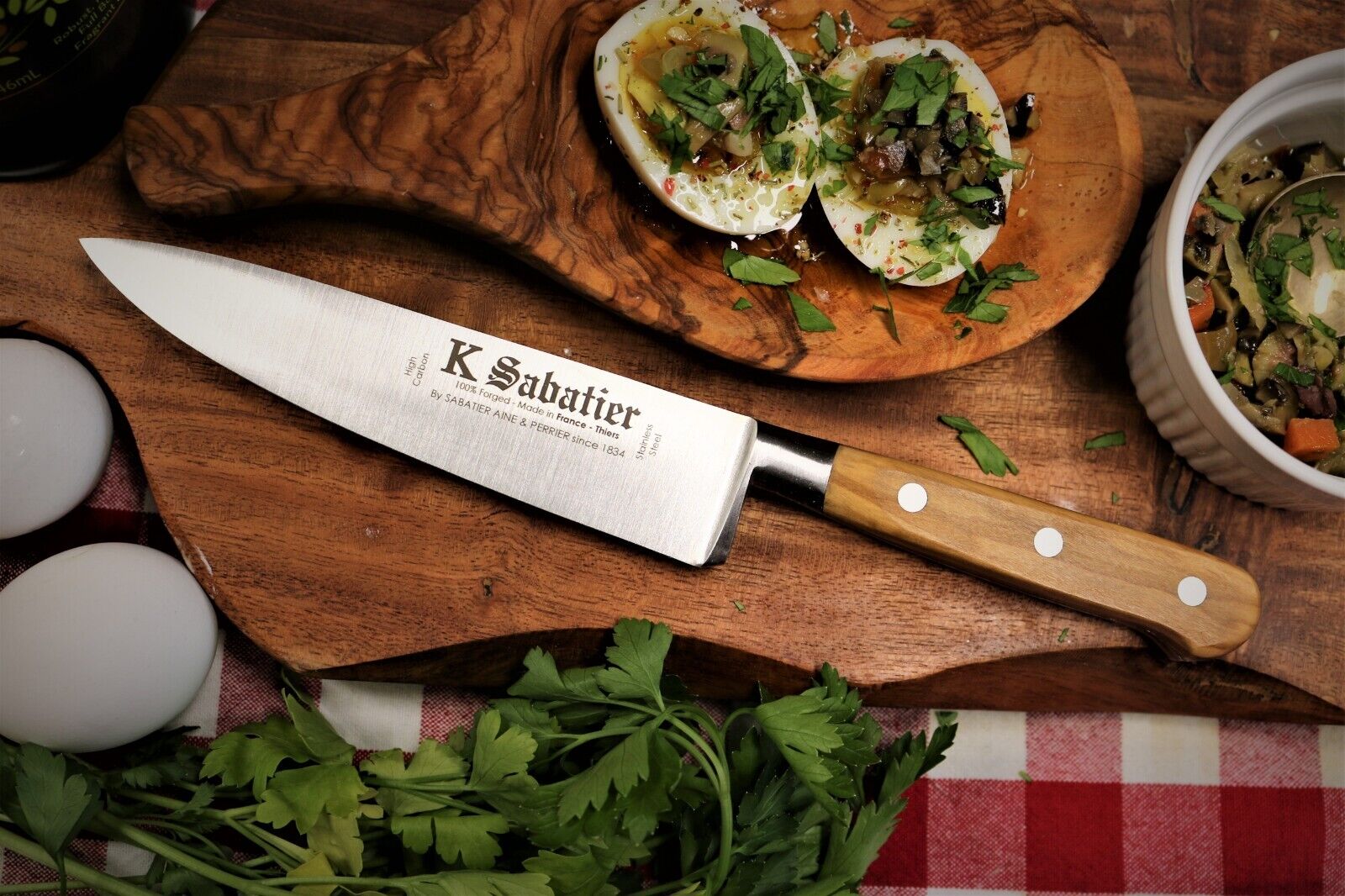 SABATIER 6 inch COOKS KNIFE , STAINLESS STEEL . OLIVE WOOD ,Made in France .