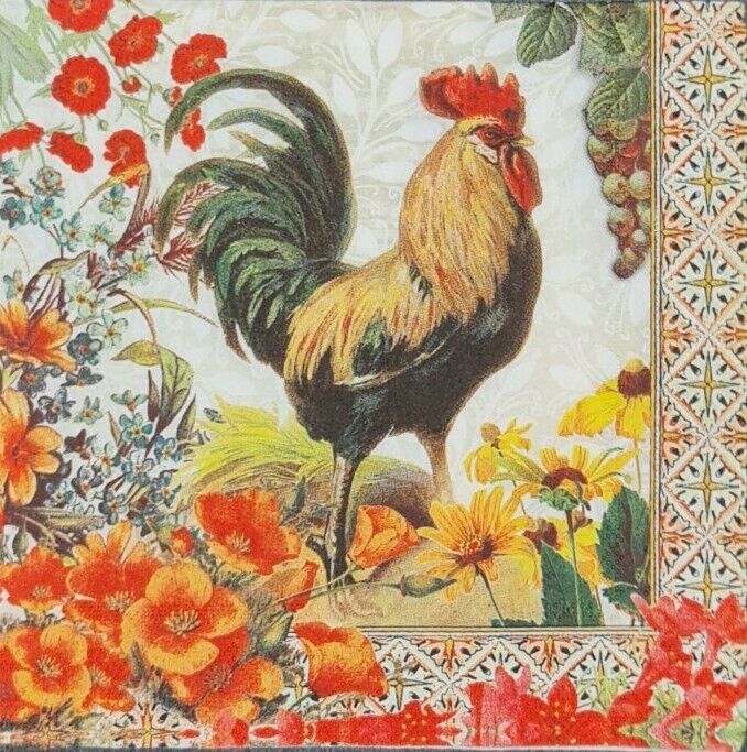 TWO Individual Napkins Rooster Flowers Cocktail for  Decoupage (1091) 