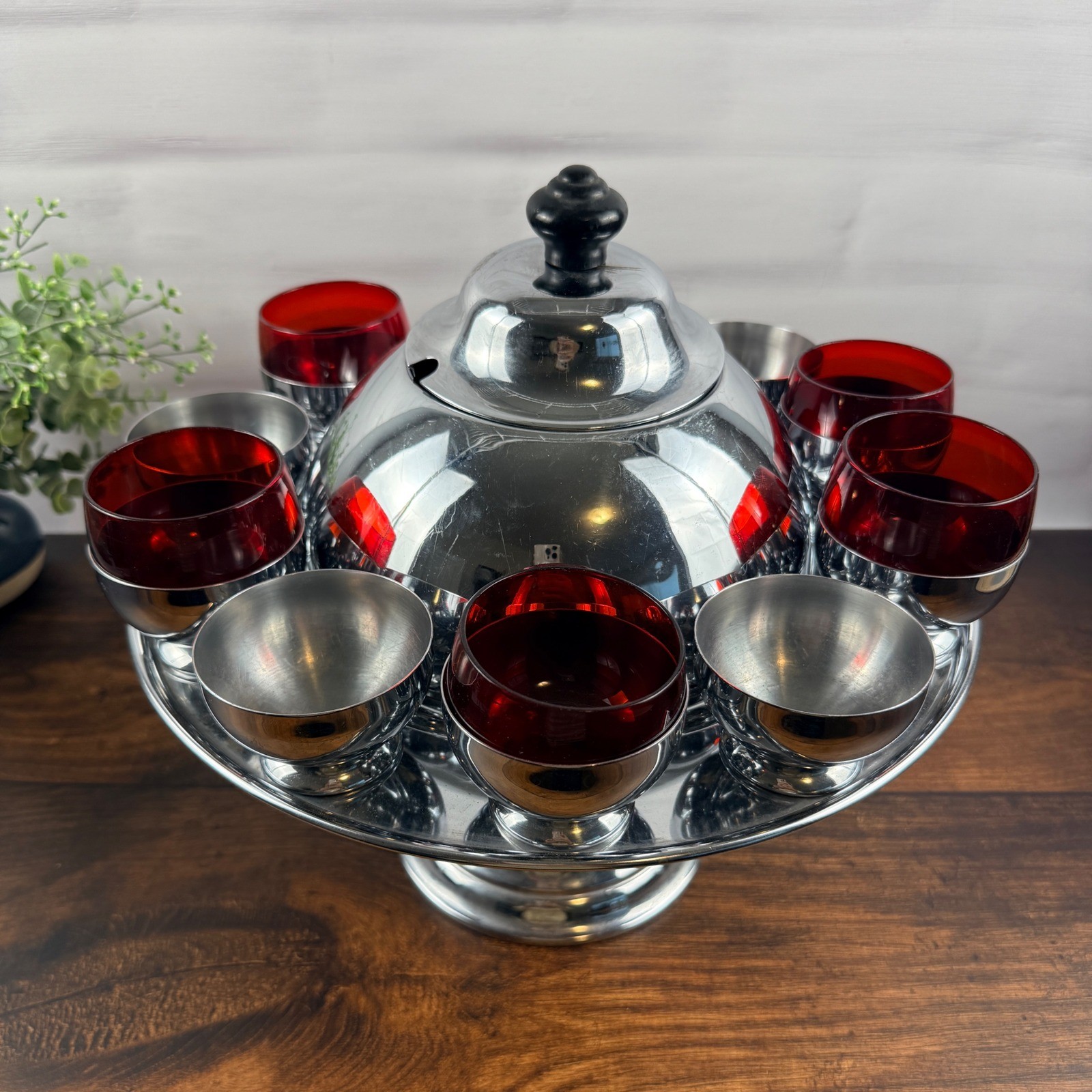 Chase USA Saturn Punch Bowl Set Ruby Glass Mid Century Barware
