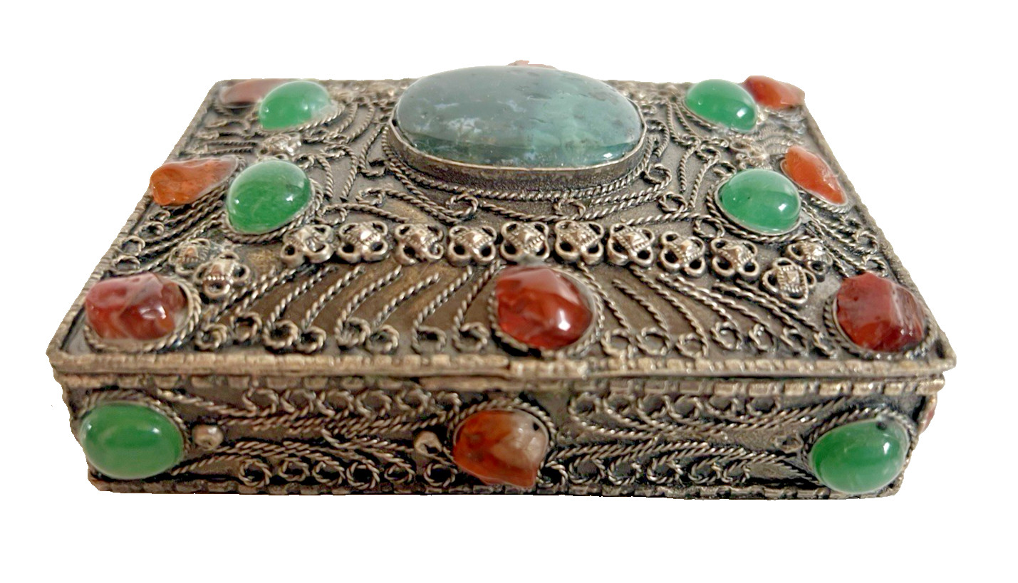 Vintage Tibetan Nepal Filigree with Semi-Precious Stones Trinket Box
