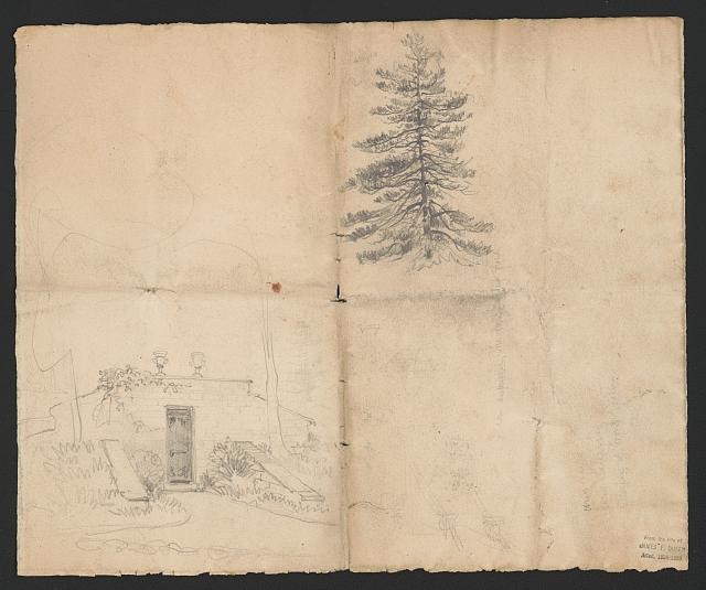 Mausoleum Entrance Sketch 1840s-1860s Tree Architectural Study Drawing