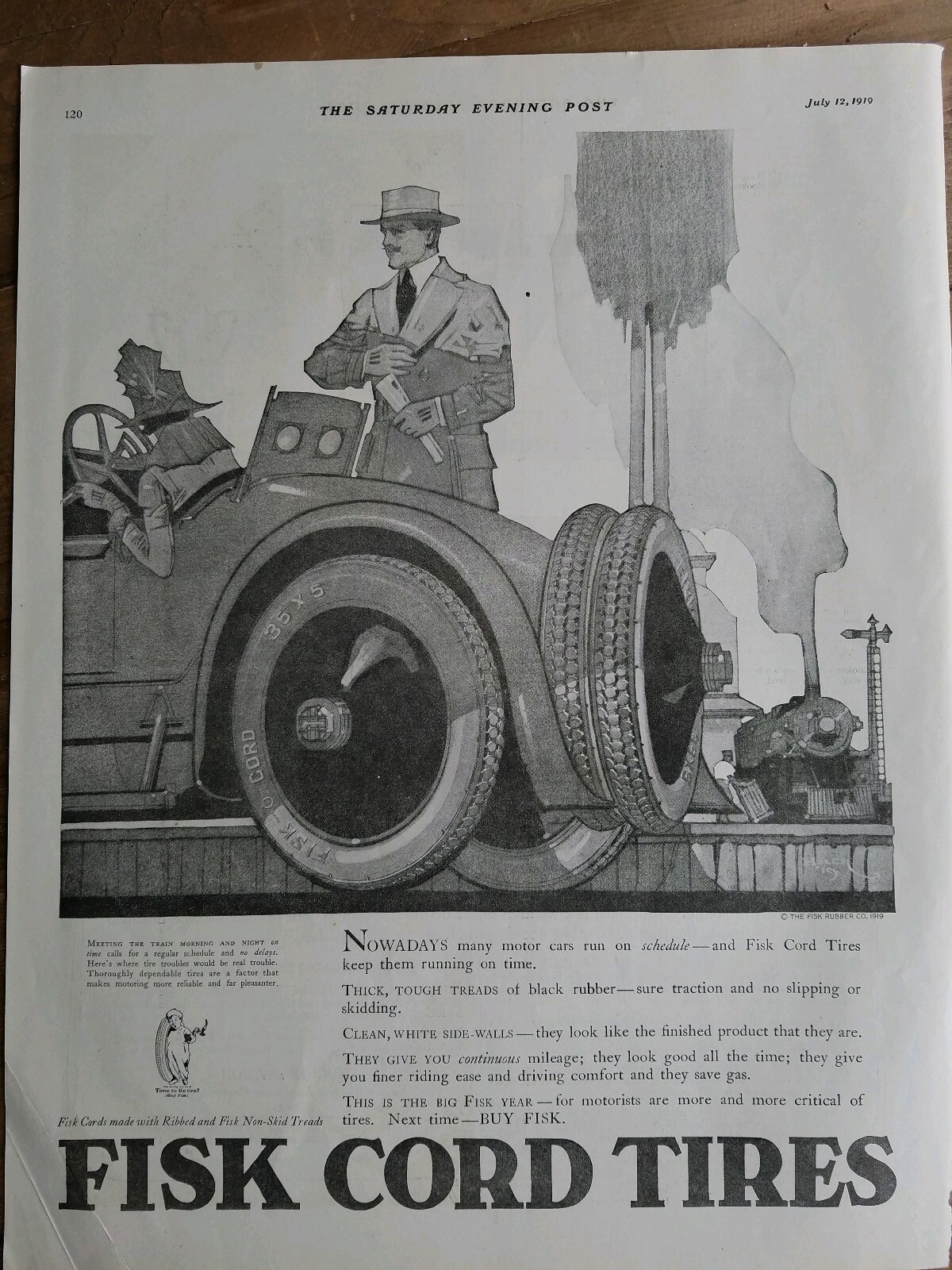 1915 Fisk cord tires Helck art vintage original man  meeting train ad