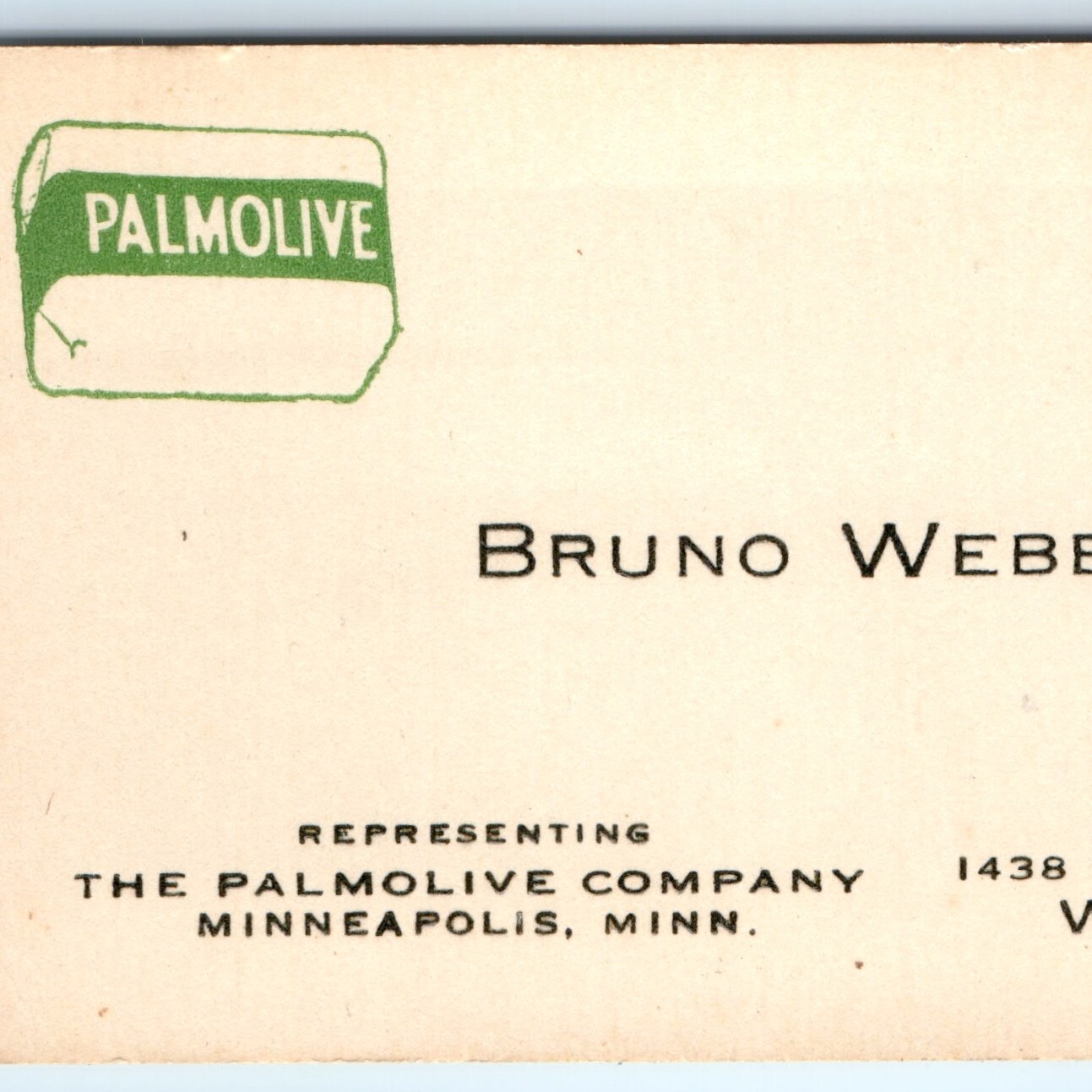 Vtg Palmolive Soap Business Card Waterloo Iowa IA Minneapolis MN Bruno Weber 40s