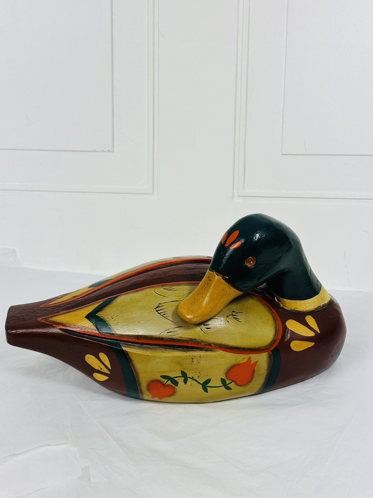 Vtg 70s Hand Painted Wood Duck Decoy Folk Art Decor Primitive Made In Canada