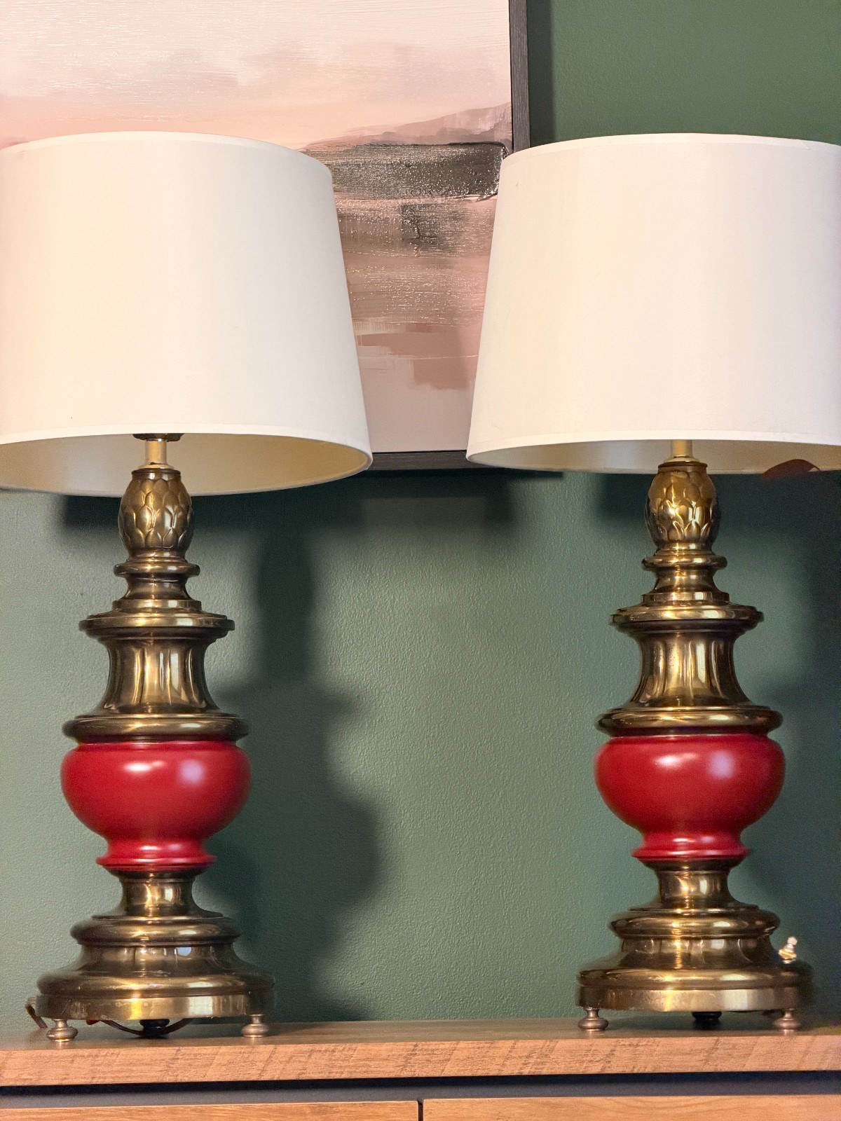 Vintage Brass Burgundy Table Lamps Pair Hollywood Regency Stiffel Style 3-Way