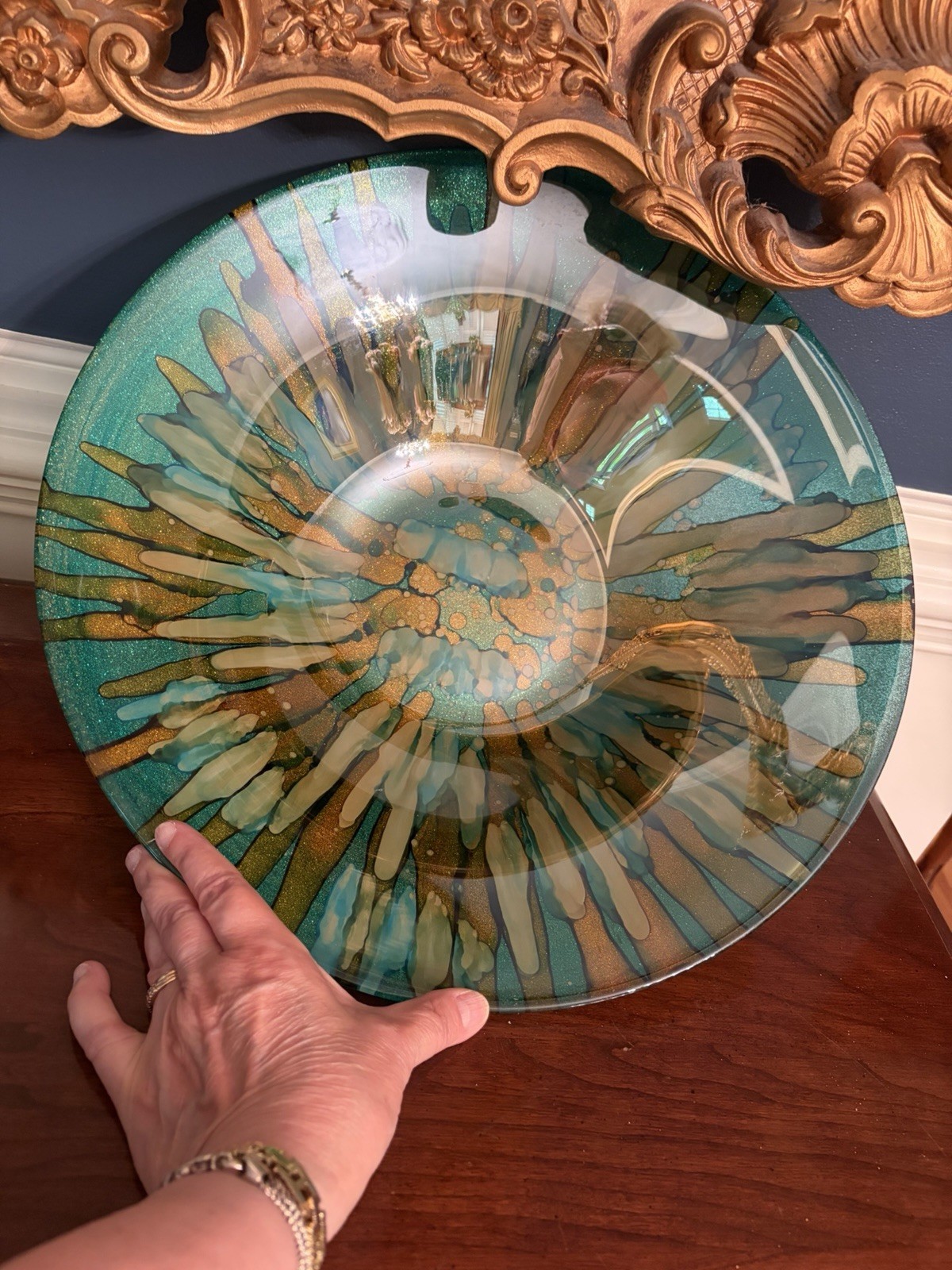 Mid-Century Modern Art Glass Large Bowl; Turquoise and Gold; Exquisite 