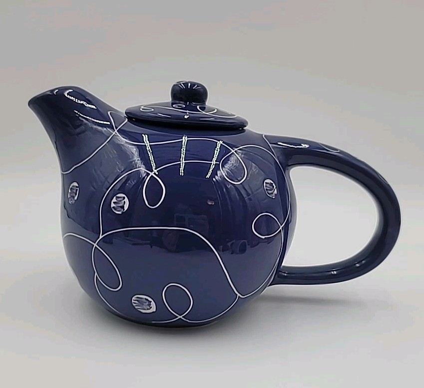 VTG Evandale Teapot Blue Lustre Polka Dot Swirl Lines Tea Pot w/ Lid