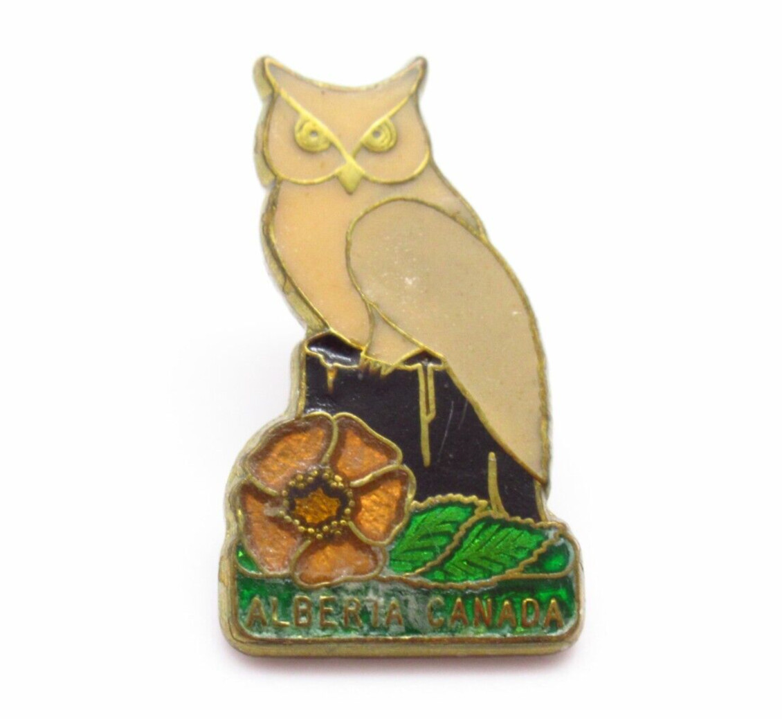 Alberta Canada Pin Owl Wild Rose Lapel AN Edmonton Great Horned Vintage