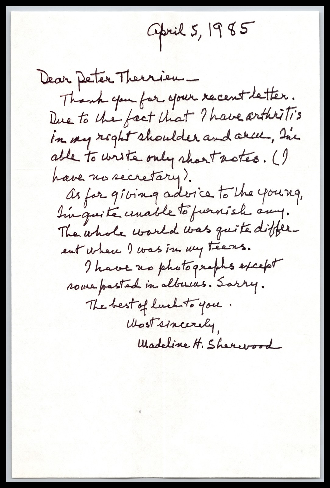 Madeline Sherwood - Actress - Written Letter - Signed / Autograph