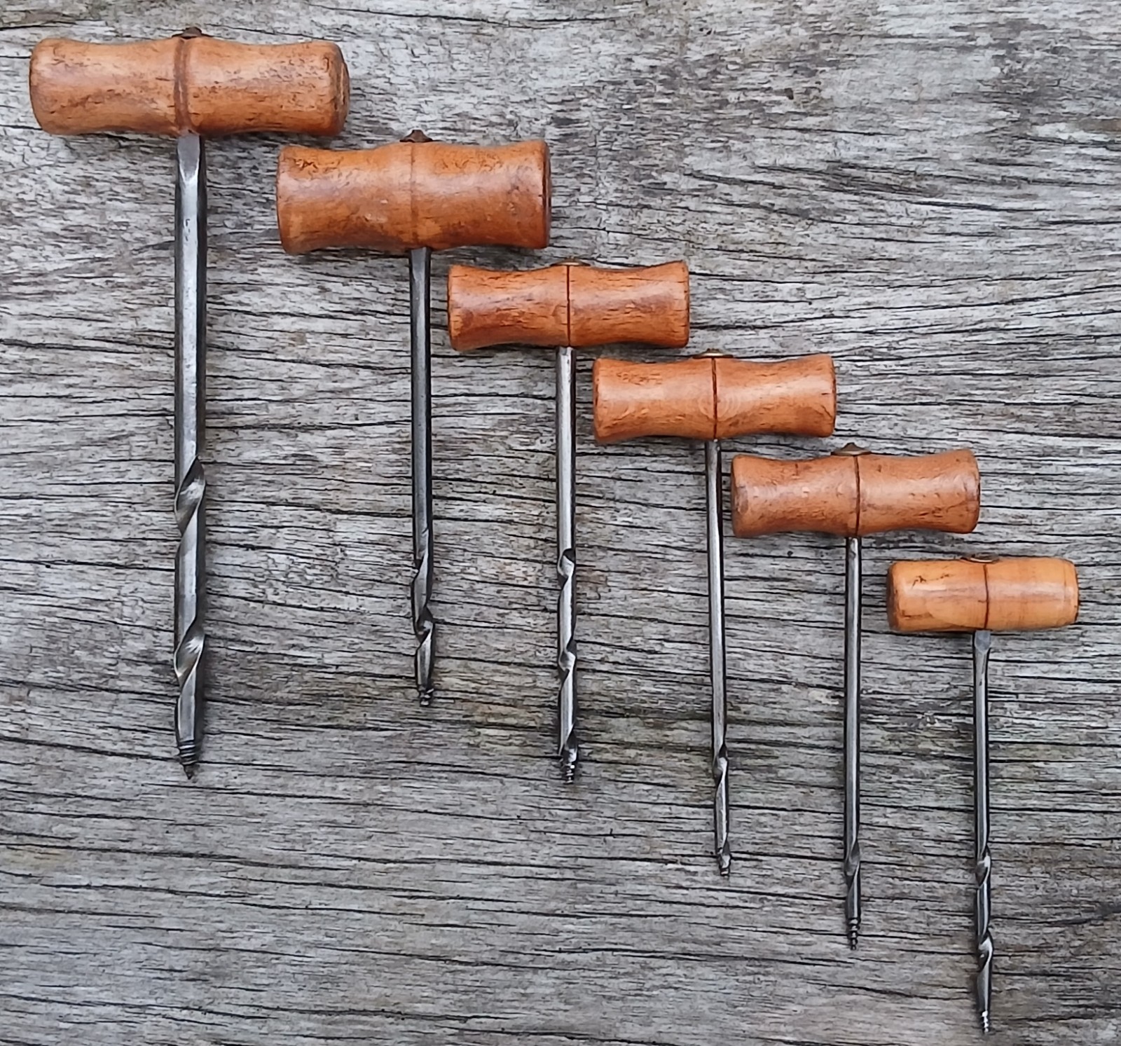 Collection Of 6 Vintage  T Handled Wooden Gimlets.
