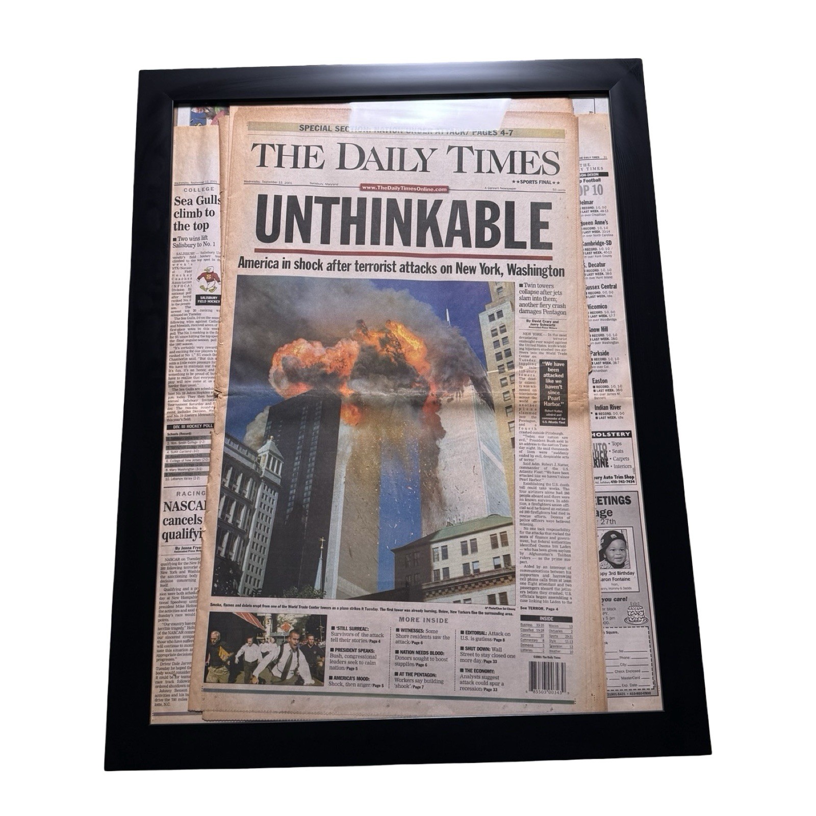 9/11 The Daily Times September 12, 2001 U.S. Attacked Unthinkable Full OG Framed