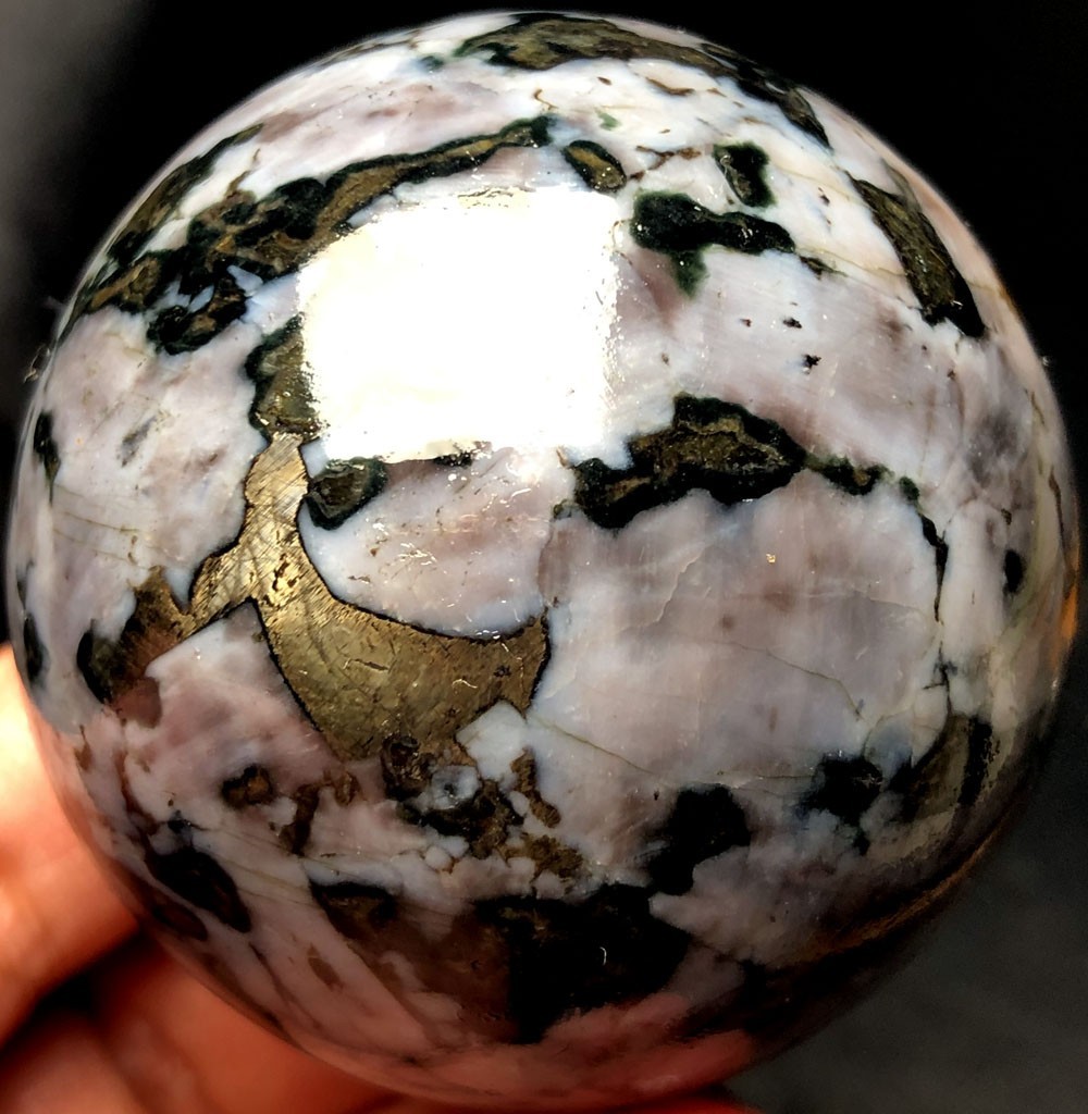251g Blue Indigo Gabbro Sphere with Pyrite, Mystic Merlinite Crystal Ball u809
