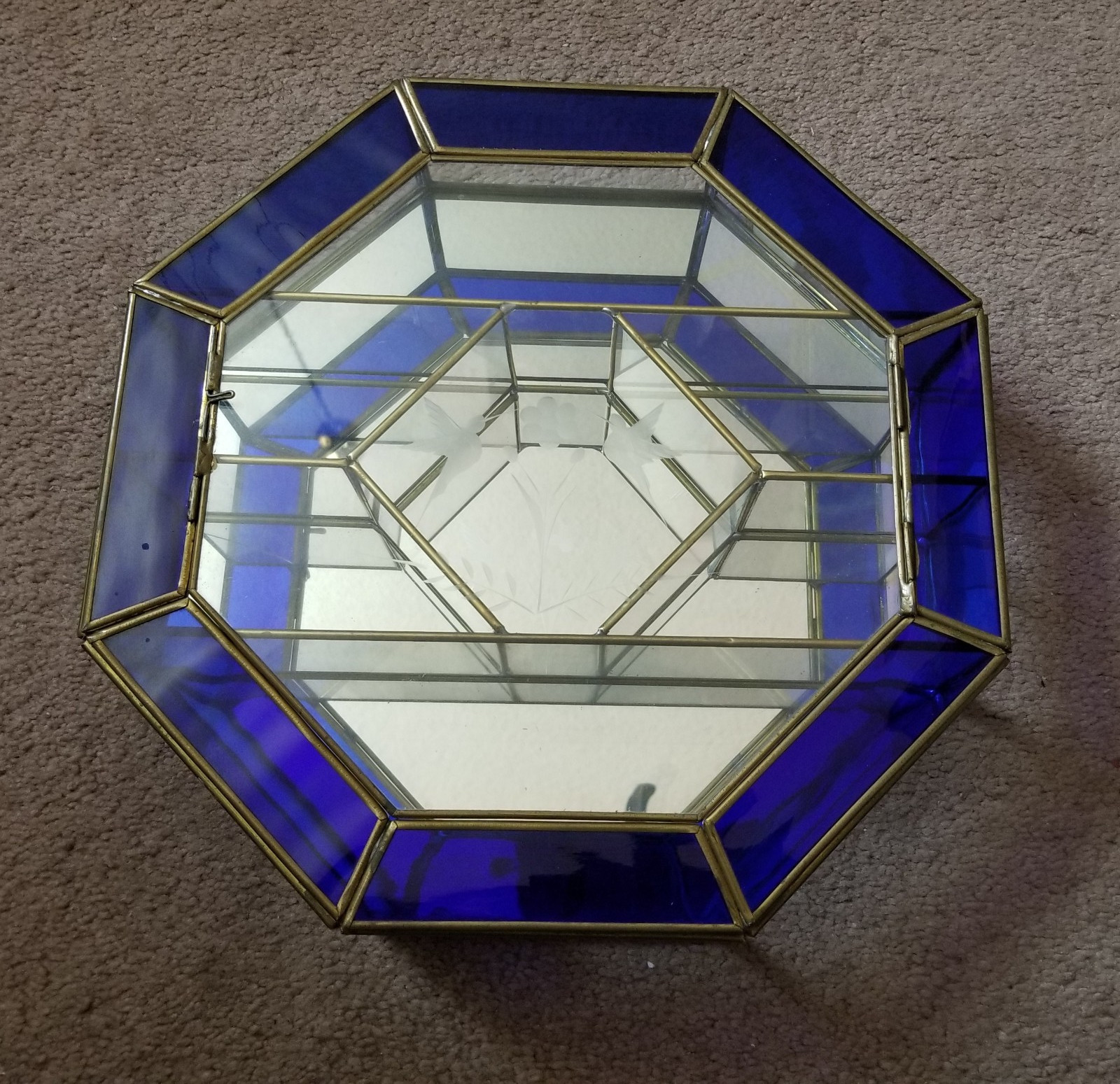 Vintage Octagon Brass Display Cabinet w/ Blue Stained-Glass Trim & Hummingbirds