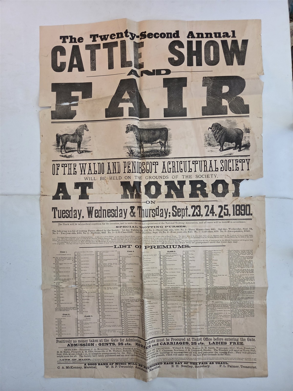 1890 antique CATTLE SHOW FAIR monroe me WALDO PENOBSCOT AGRICULTURAL BROADSIDE