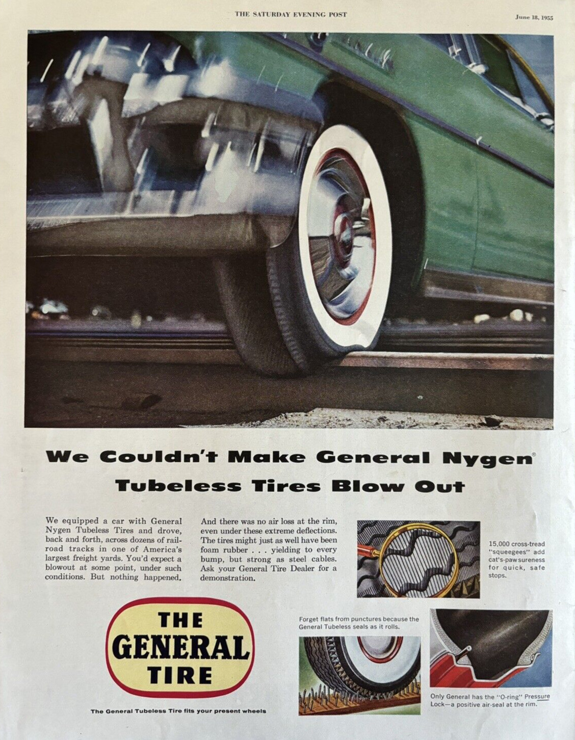 1955 General Tire Blow Out Nygen Tubeless Wheels Squeeges Dealer VTG Print Ad