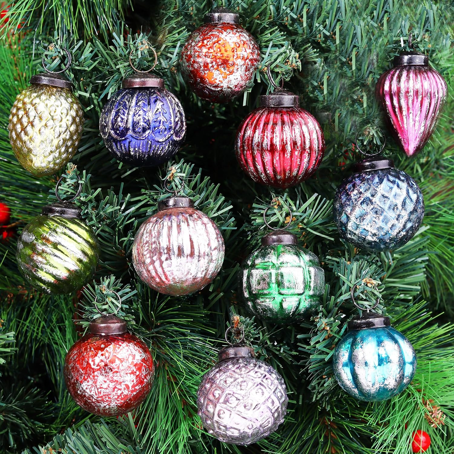 12 Retro Vintage Unique Large Christmas Ornaments Multi Glass Christmas Balls fo