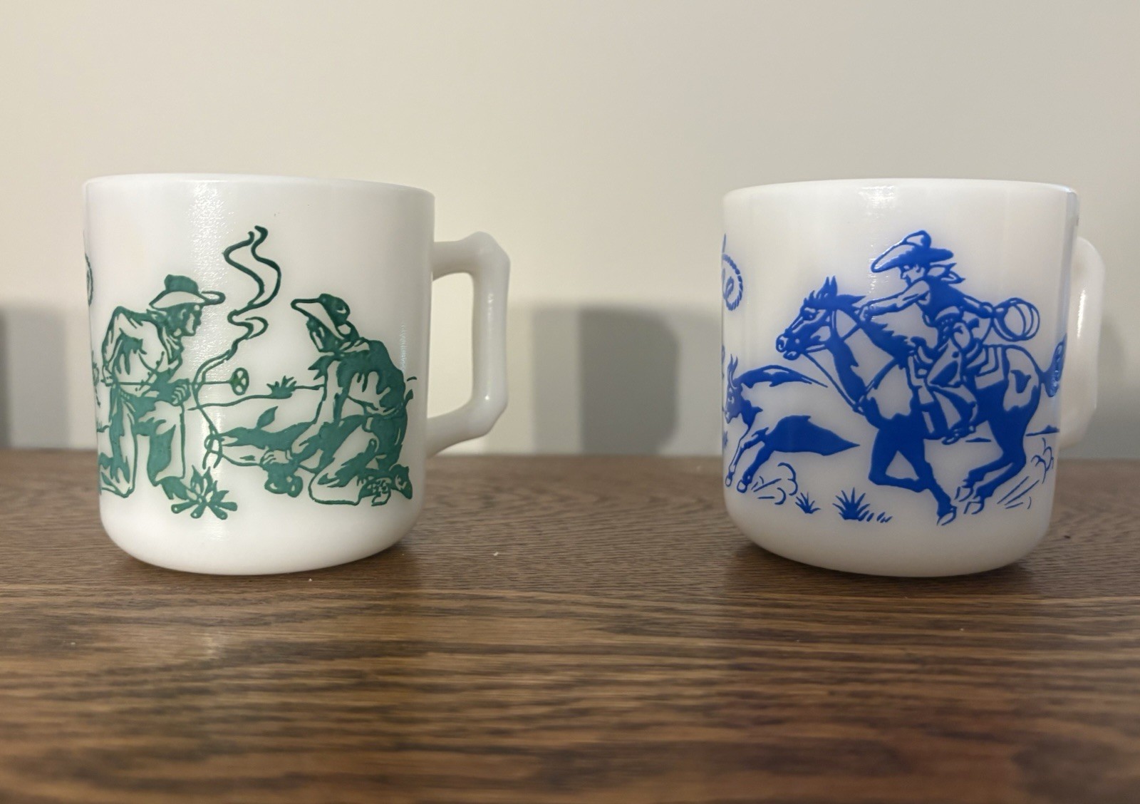 VTG Hazel Atlas Milk Glass Tex Ritter Western Mug Set of 2 Cowboy Roundup Ranger