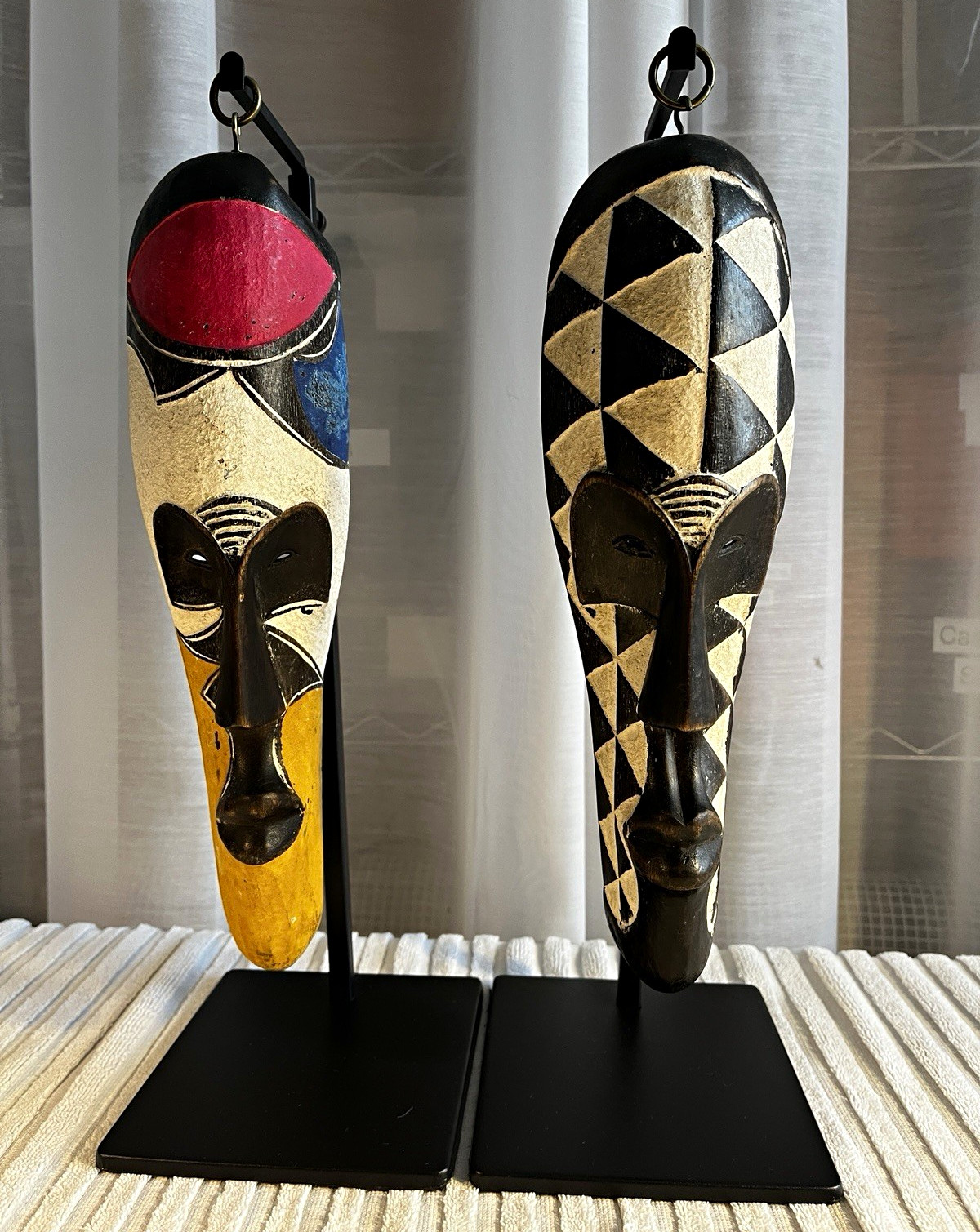 Vintage Pair African Handmade Wooden Fang Masks On Metal Stands - Painted Carved