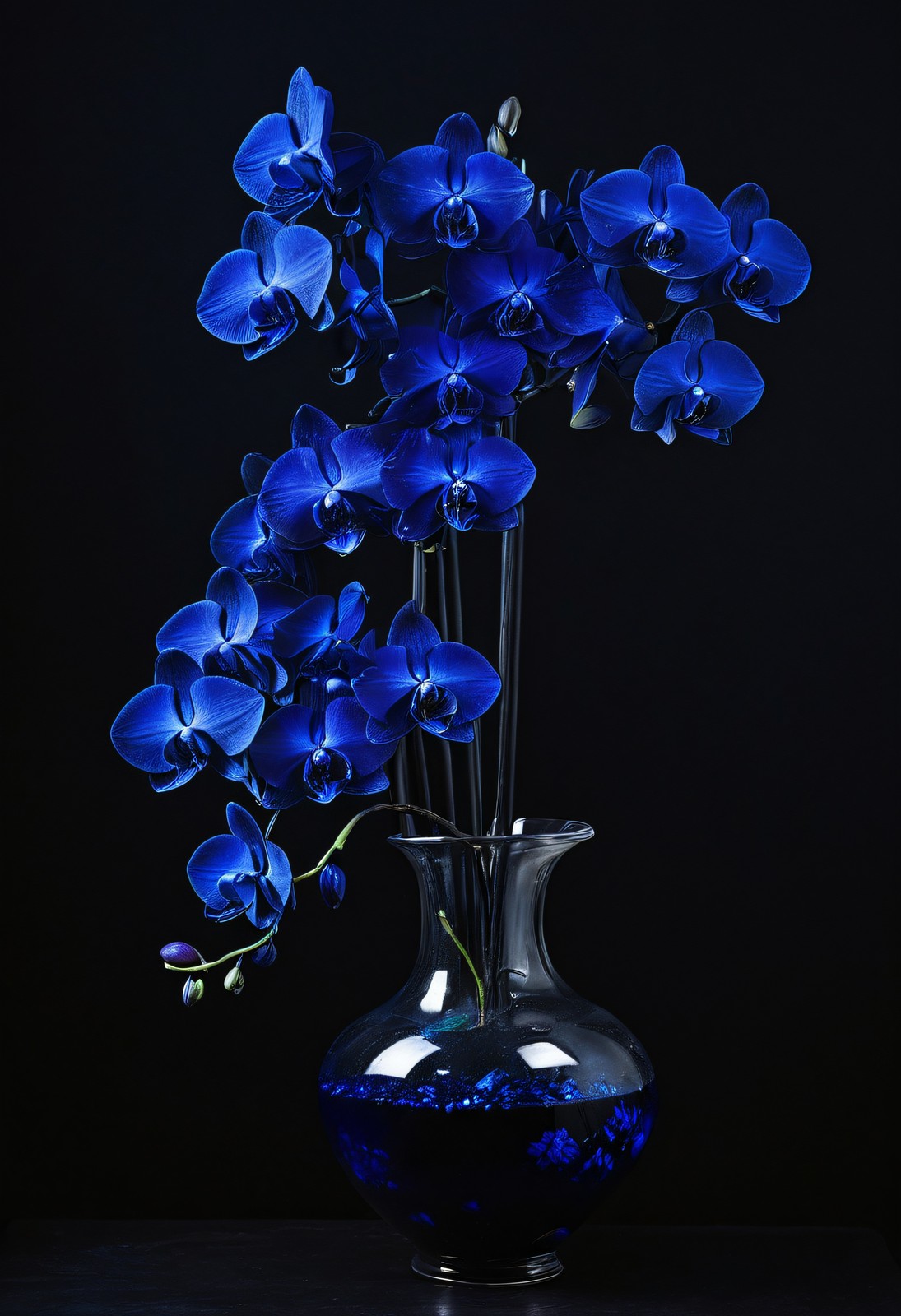 Sapphire Orchids Moonlit Botanical Oil Painting Wall Art Print