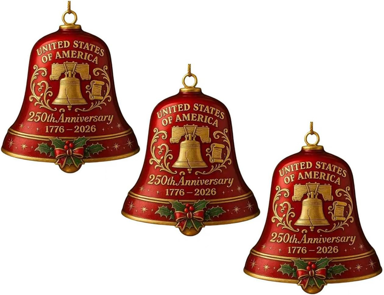 3PC Metal 250Th Anniversary USA Bell Ornament for 4Th of July Decorations, 3D