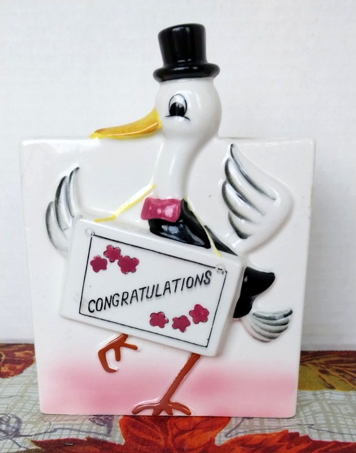 Vintage Stork Congratulations Mcm Nursery Ceramic Vase/Accessories Holder Vintage Stork Congratulations Mcm Nursery Ceramic Vase/Accessories Holder