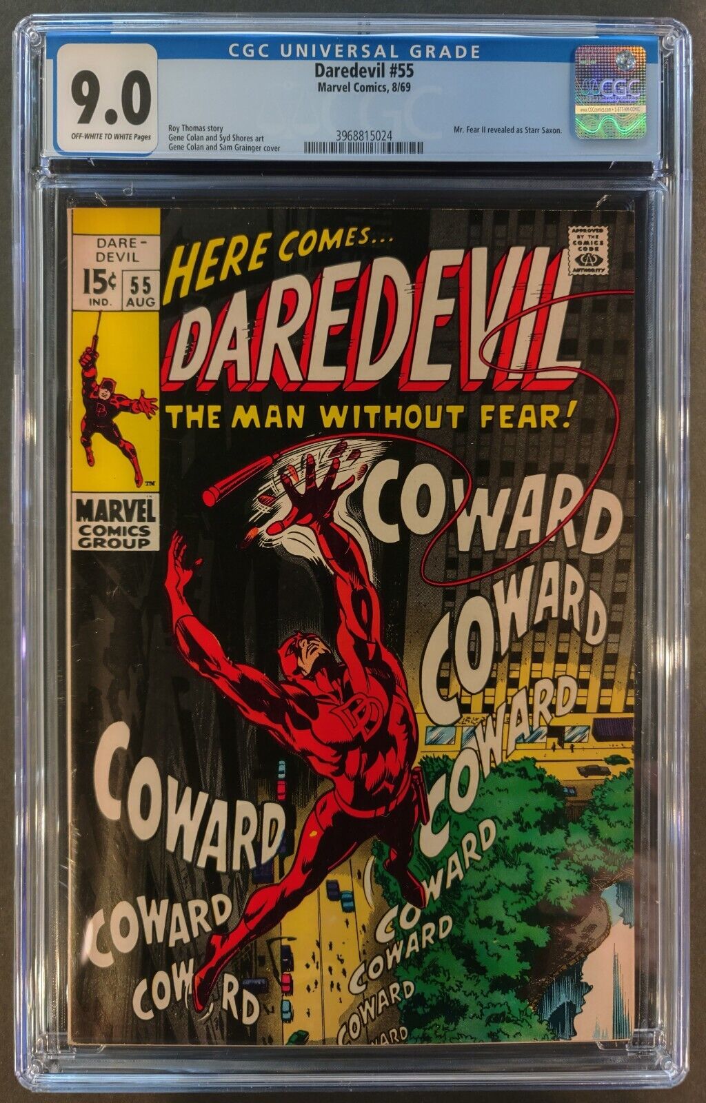 DAREDEVIL #55 CGC 9.0 OW-W MARVEL COMICS 1969 - MR FEAR REVEALED AS STARR SAXON