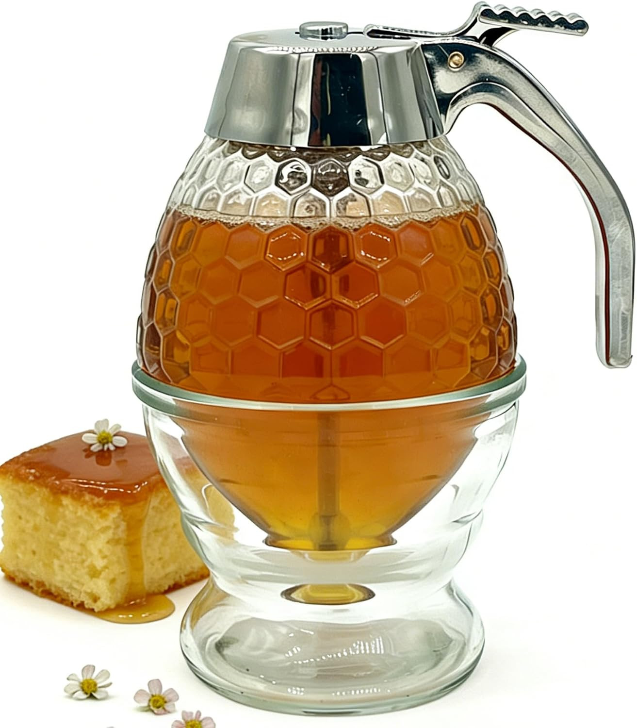 8 Oz No Drip Glass Honey Dispenser with Stand, ABS Handle