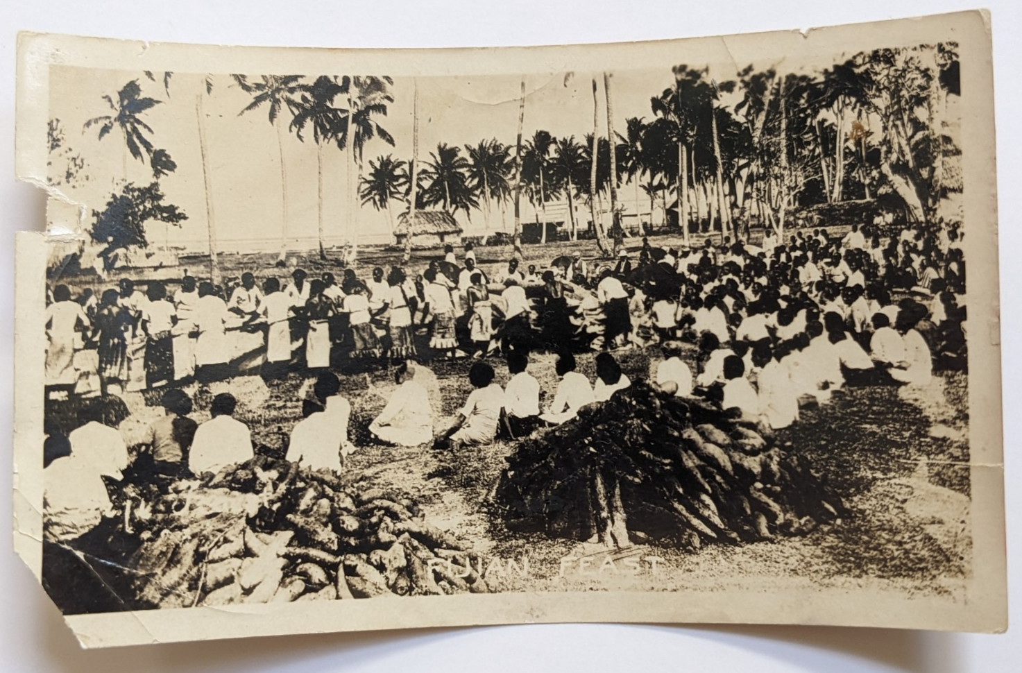 Antique c1910s Photograph Fijian Feast Scene Fiji Native Gathering South Pacific